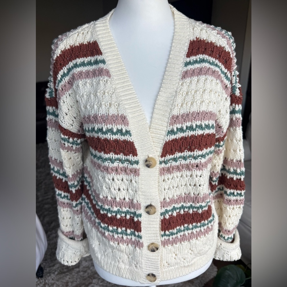 Lucky Brand SMALL Cream, Sage, Pink and Rust Striped Knit Cardigan Sweater